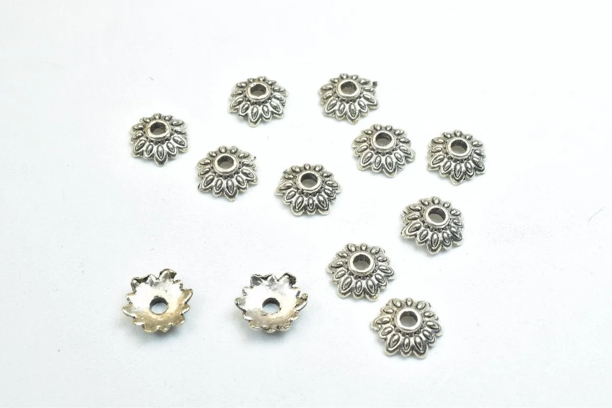 12 PCs Flower Beads Caps Antique Silver Alloy Beads Ending Size 8mm Hole Opening 2mm For Jewelry Making