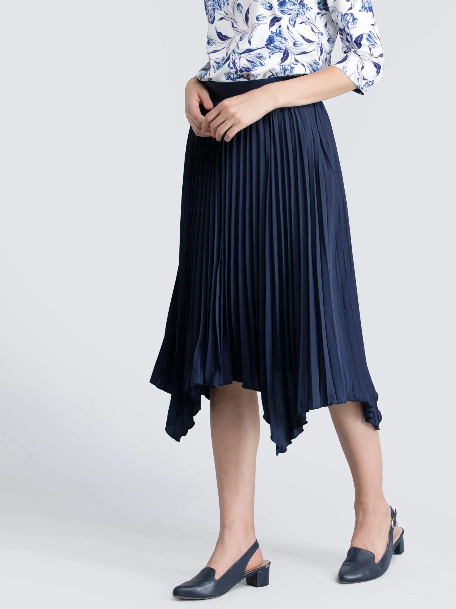 Asymmetric Pleated Skirt - Navy