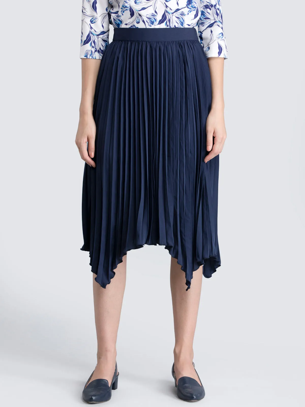 Asymmetric Pleated Skirt - Navy