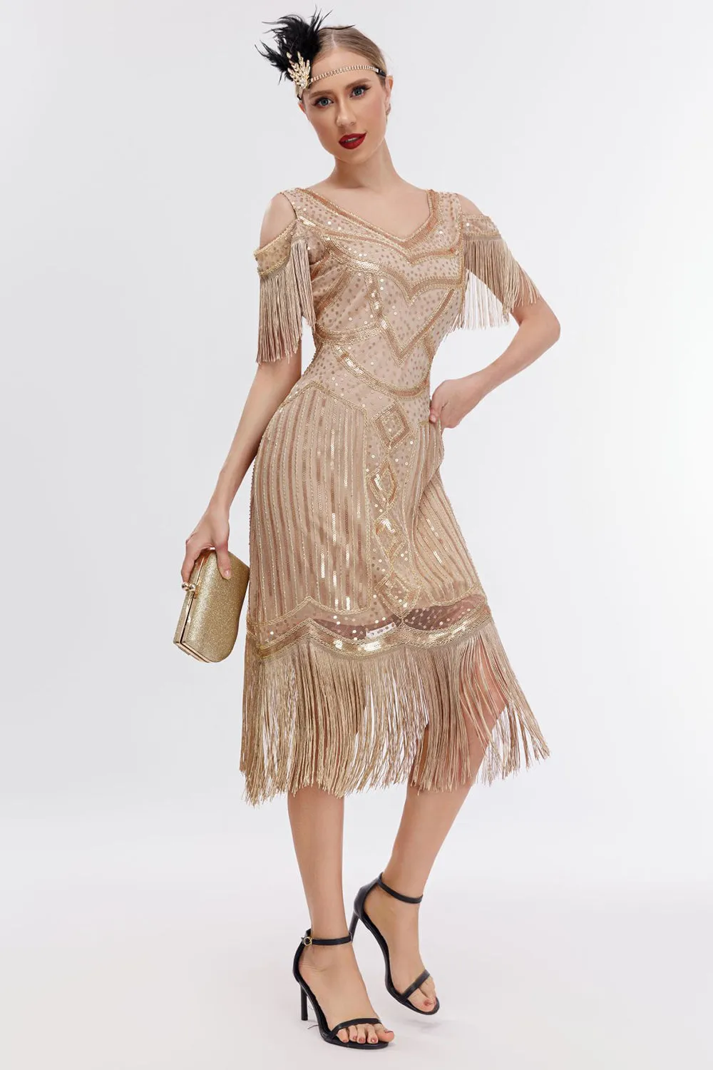 Black Golden Cold Shoulder Fringes 1920s Gatsby Dress