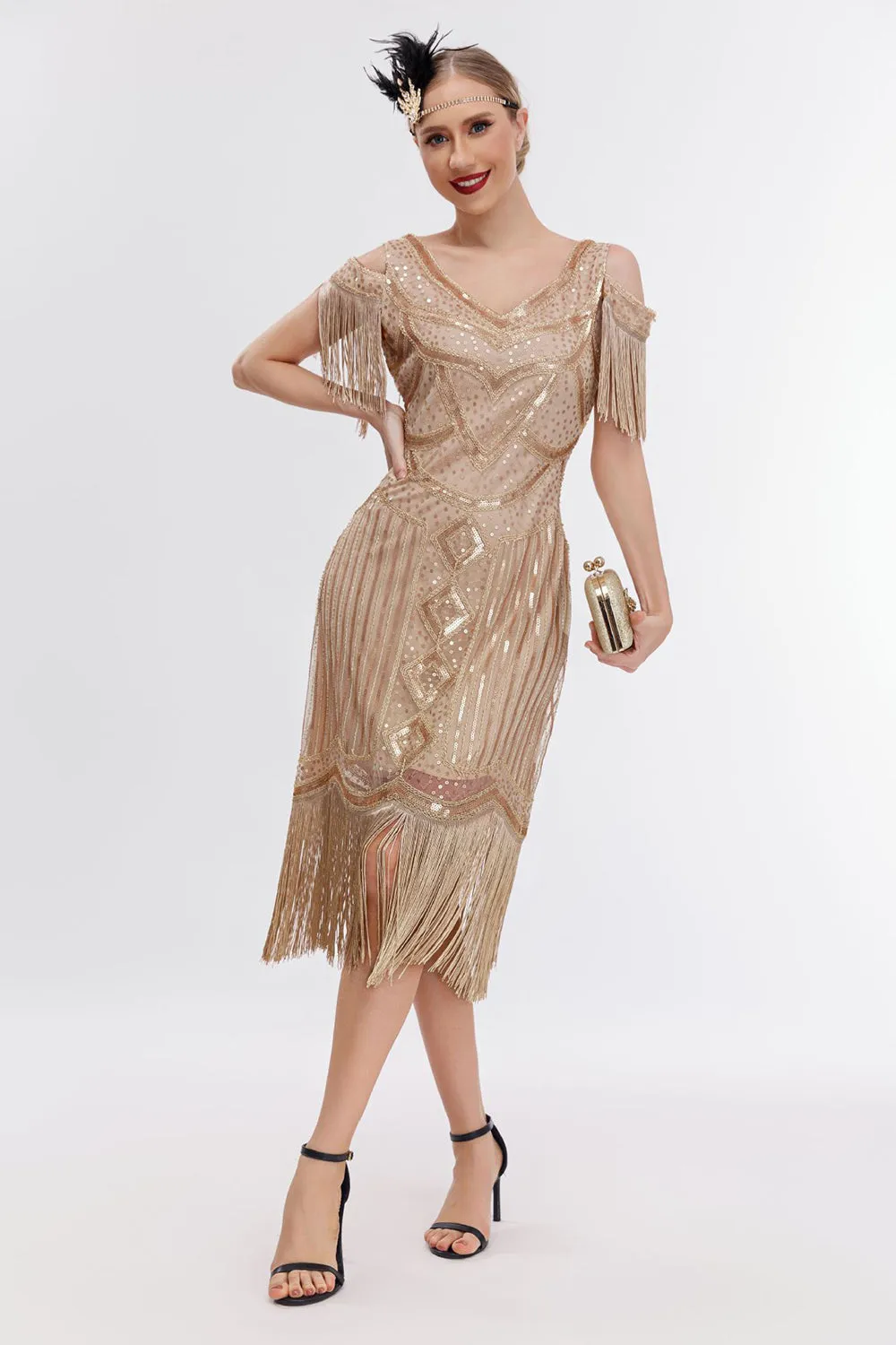Black Golden Cold Shoulder Fringes 1920s Gatsby Dress