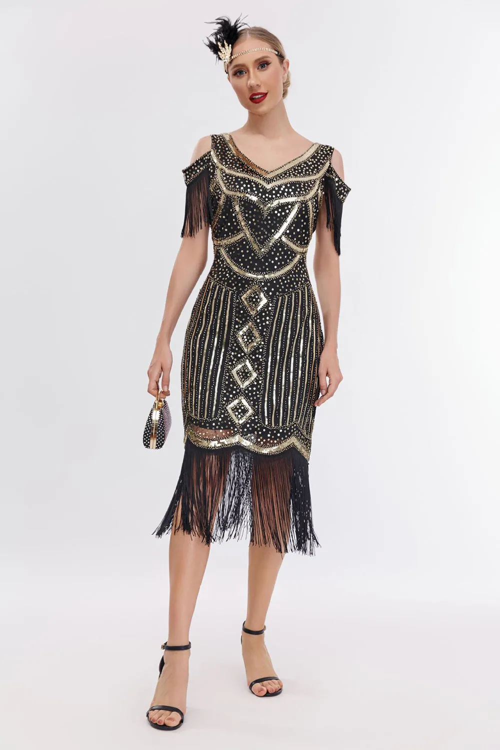 Black Golden Cold Shoulder Fringes 1920s Gatsby Dress