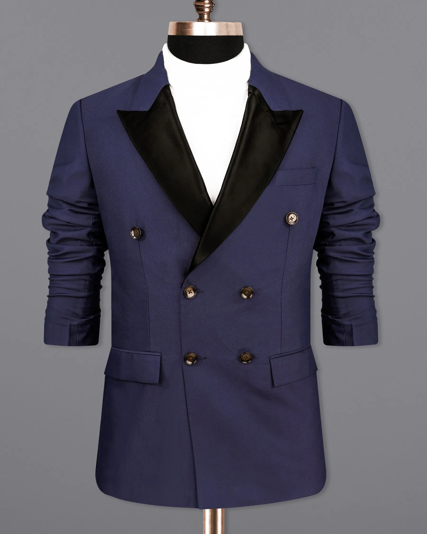 Bleached Cedar Blue Double Breasted Black Lapel Designer Blazer