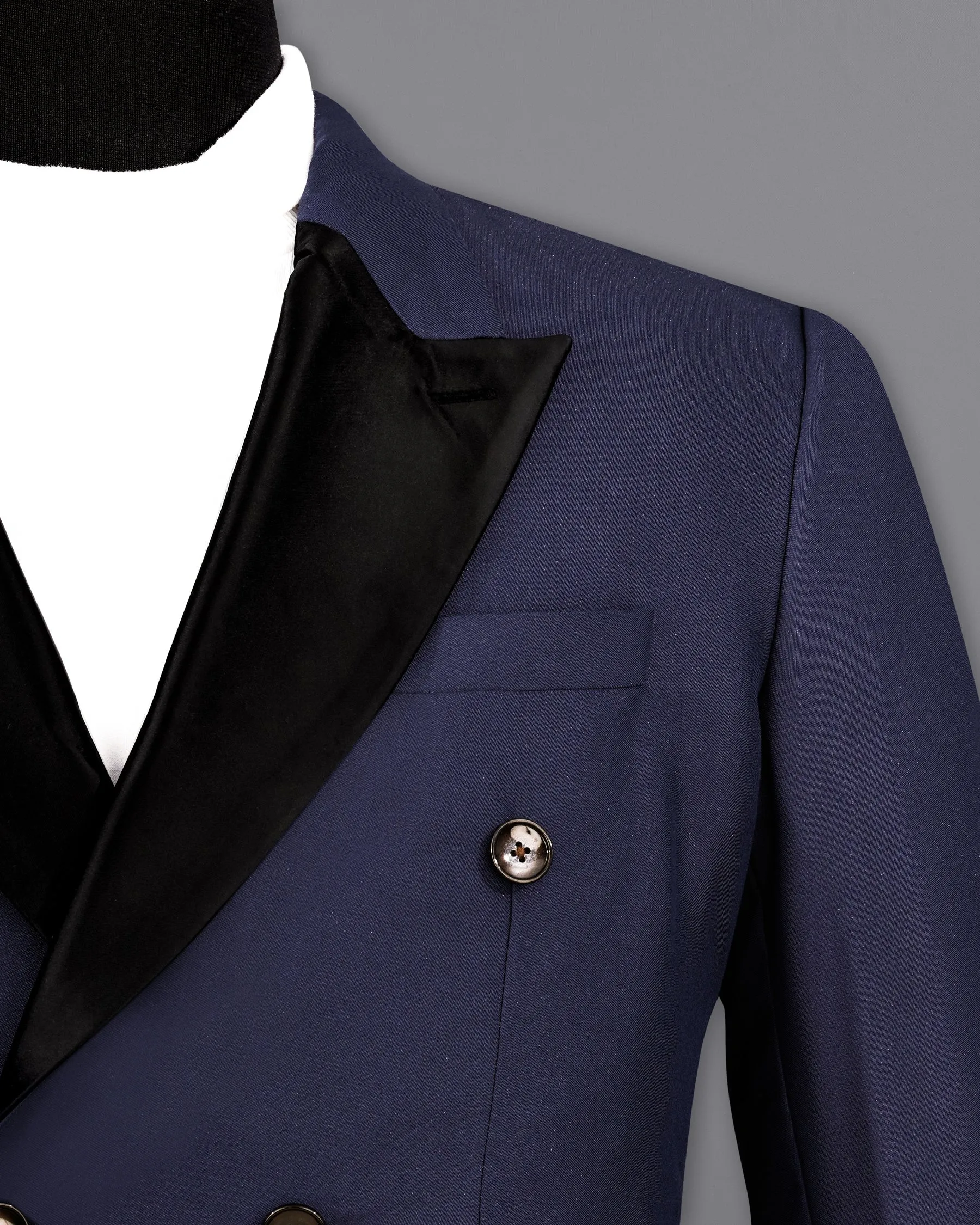Bleached Cedar Blue Double Breasted Black Lapel Designer Blazer