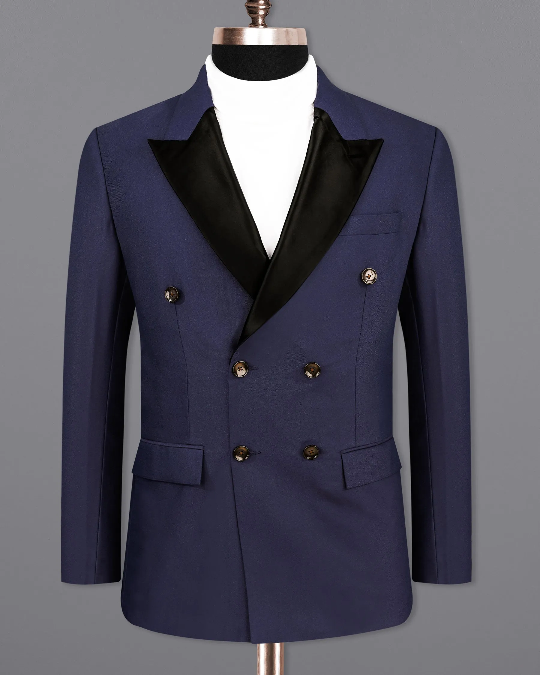 Bleached Cedar Blue Double Breasted Black Lapel Designer Blazer