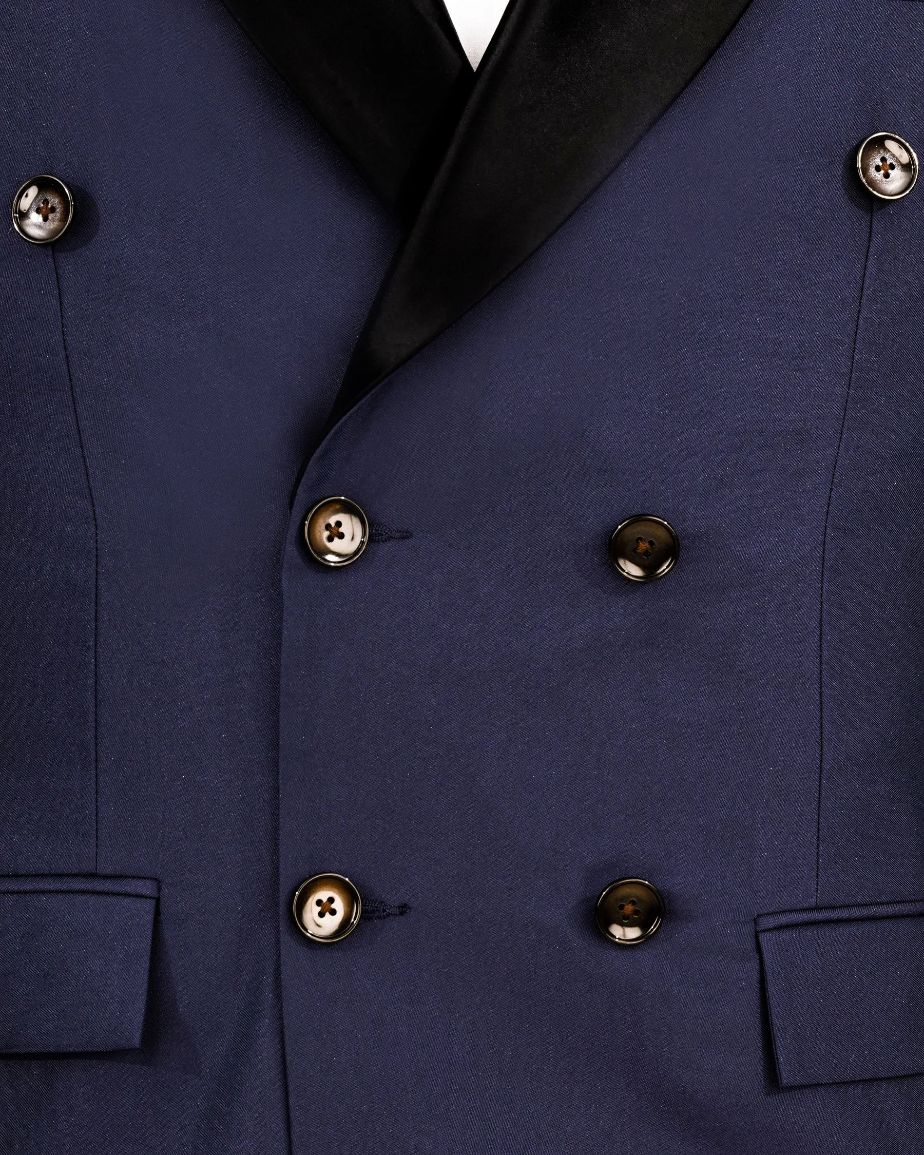 Bleached Cedar Blue Double Breasted Black Lapel Designer Blazer