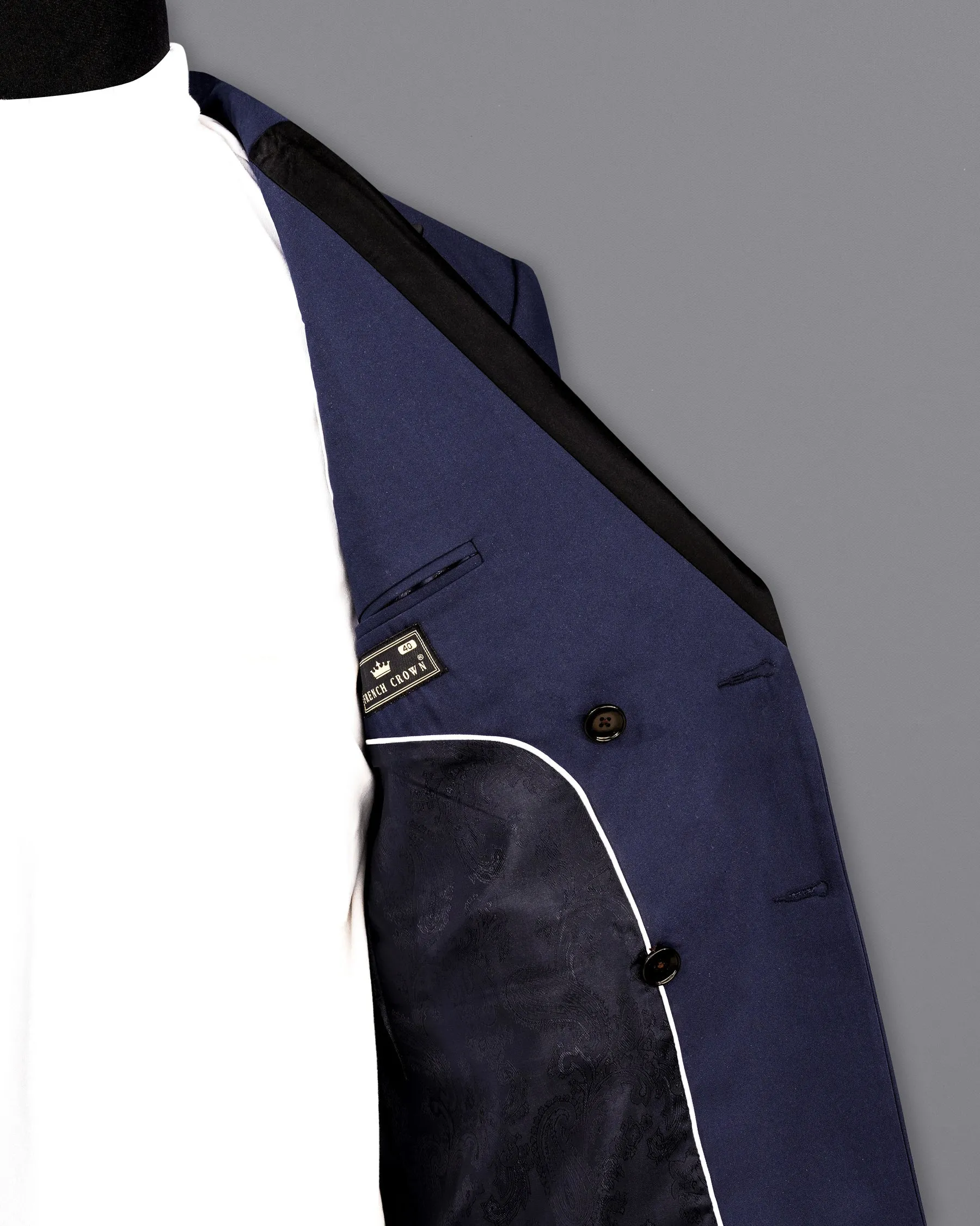Bleached Cedar Blue Double Breasted Black Lapel Designer Blazer