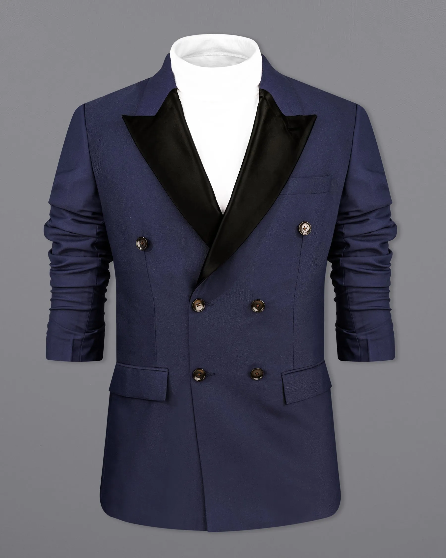 Bleached Cedar Blue Double Breasted Black Lapel Designer Blazer