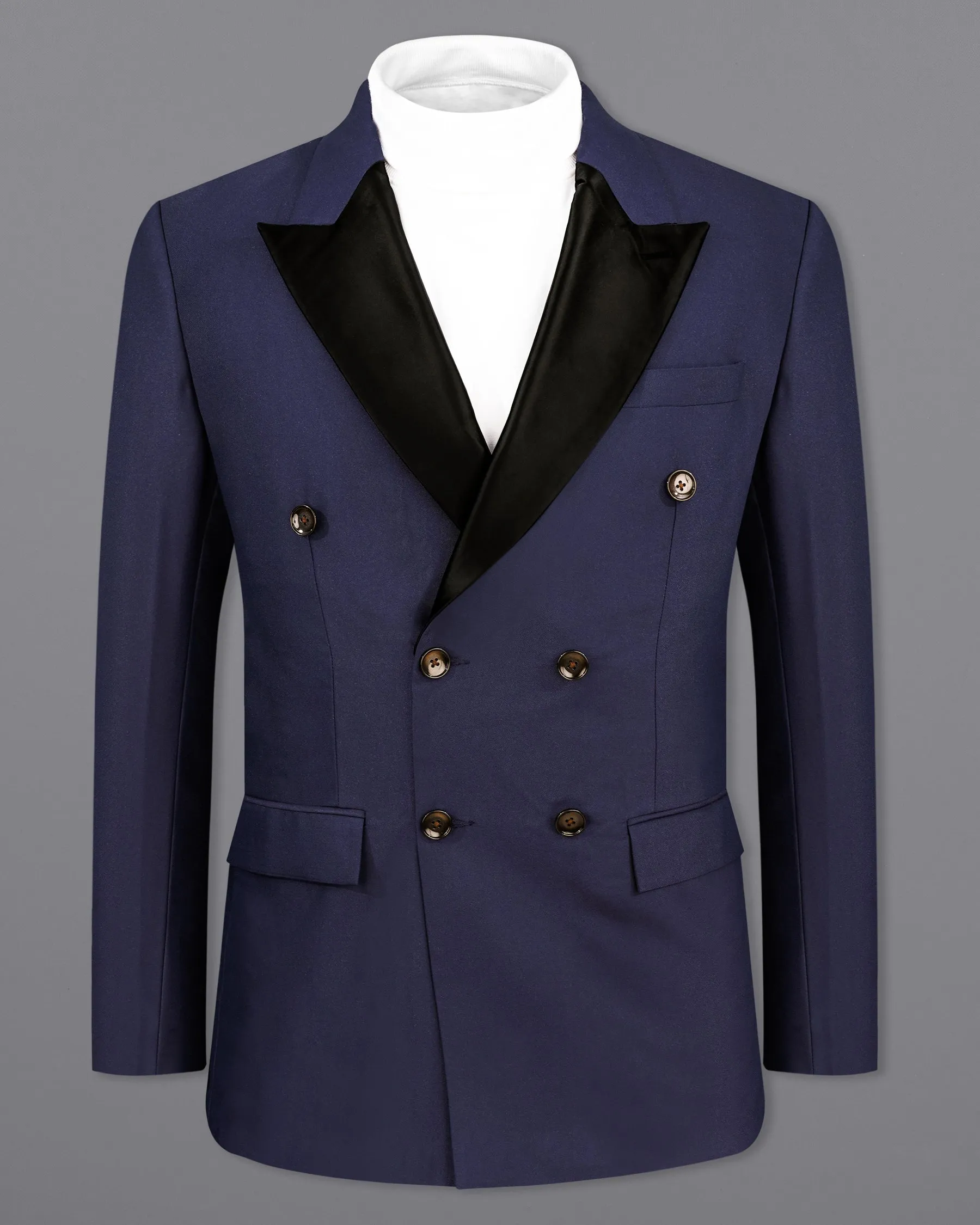 Bleached Cedar Blue Double Breasted Black Lapel Designer Blazer