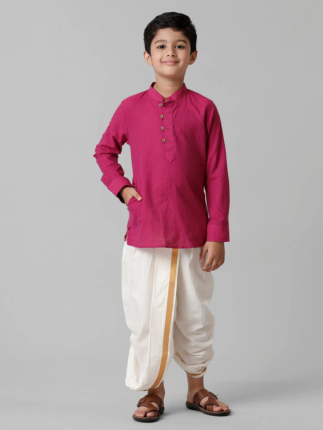 Boys Breeze Cotton Purple Kurta with Cream Elastic Panchakacham Combo COT4
