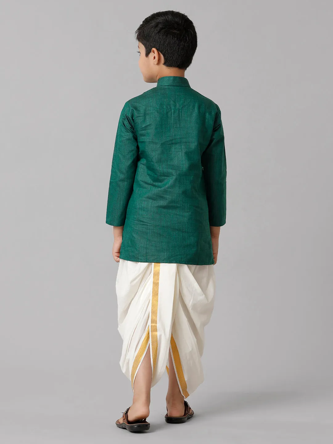 Boys Cotton Dark Green Kurta with Cream Elastic Panchakacham Combo FS5