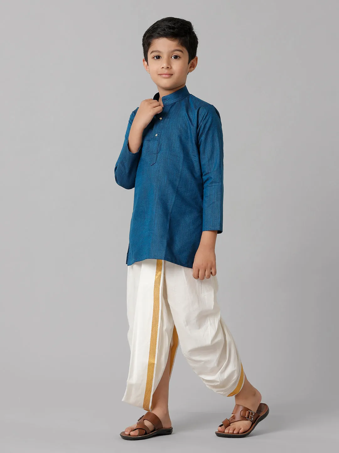 Boys Cotton Navy Kurta with Cream Elastic Panchakacham Combo FS8