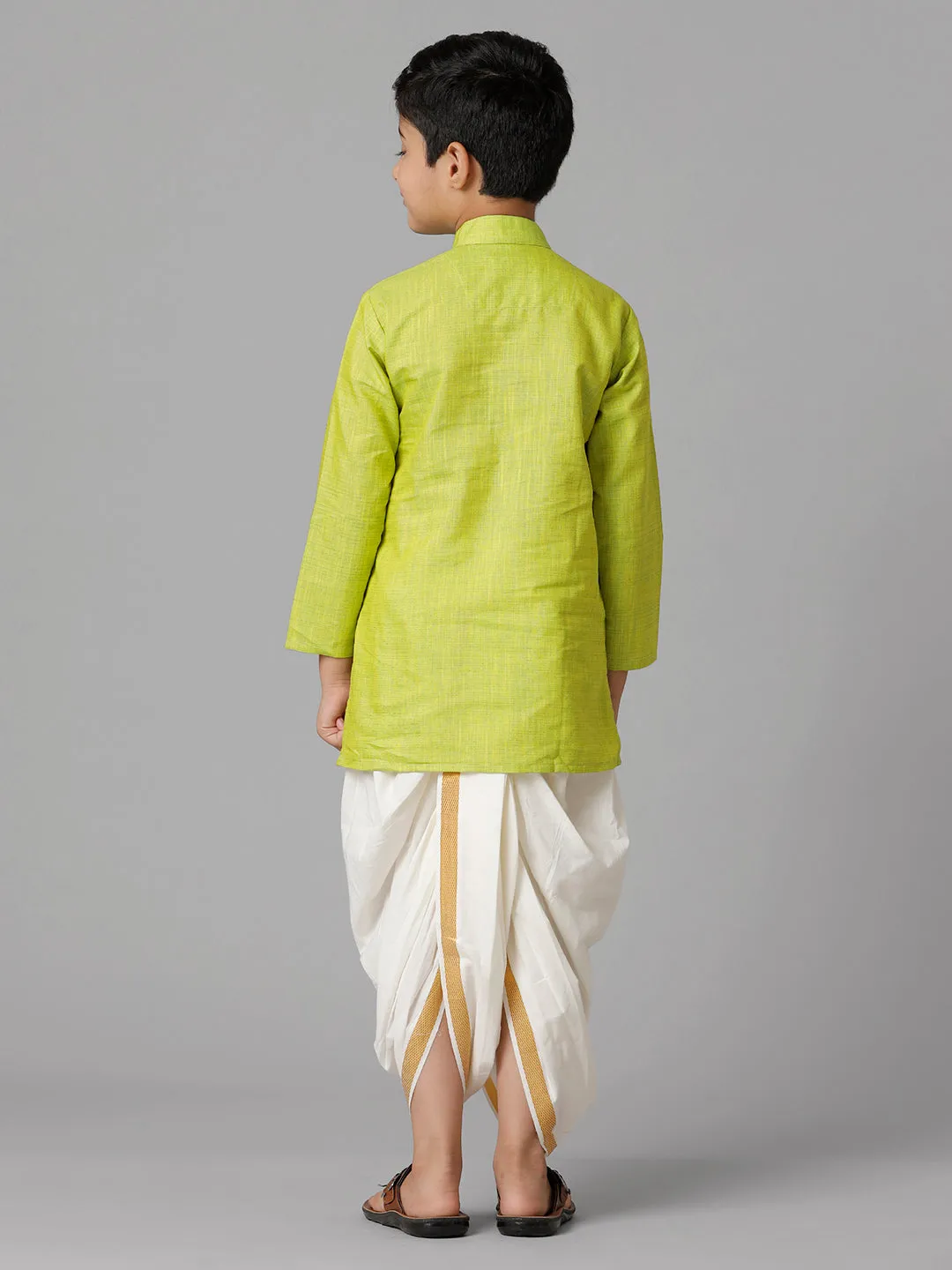 Boys Cotton Parrot Green Kurta with Cream Elastic Panchakacham Combo FS2