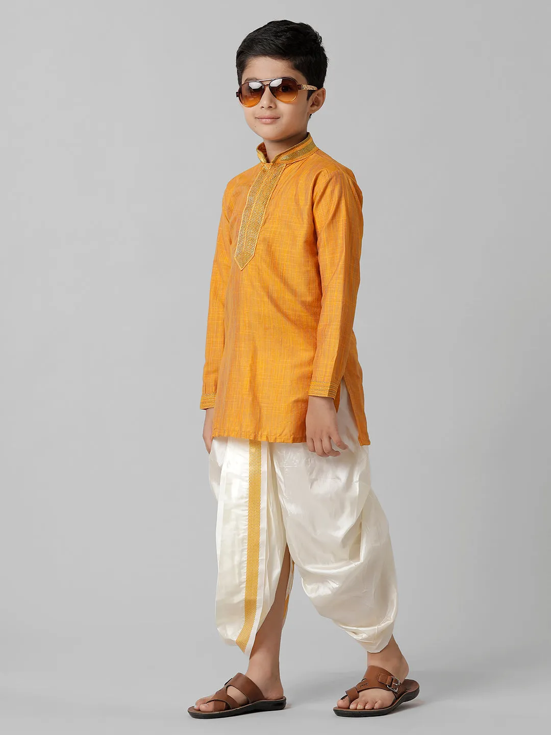 Boys Emerald Cotton Orange Kurta with Cream Readymade Art Silk Panchakacham Combo EMD3