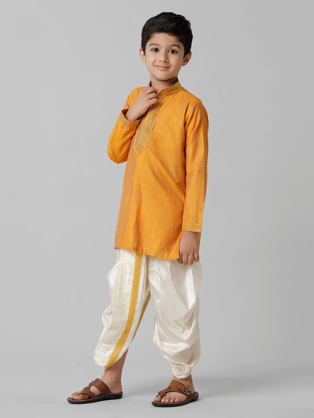 Boys Emerald Cotton Orange Kurta with Cream Readymade Art Silk Panchakacham Combo EMD3