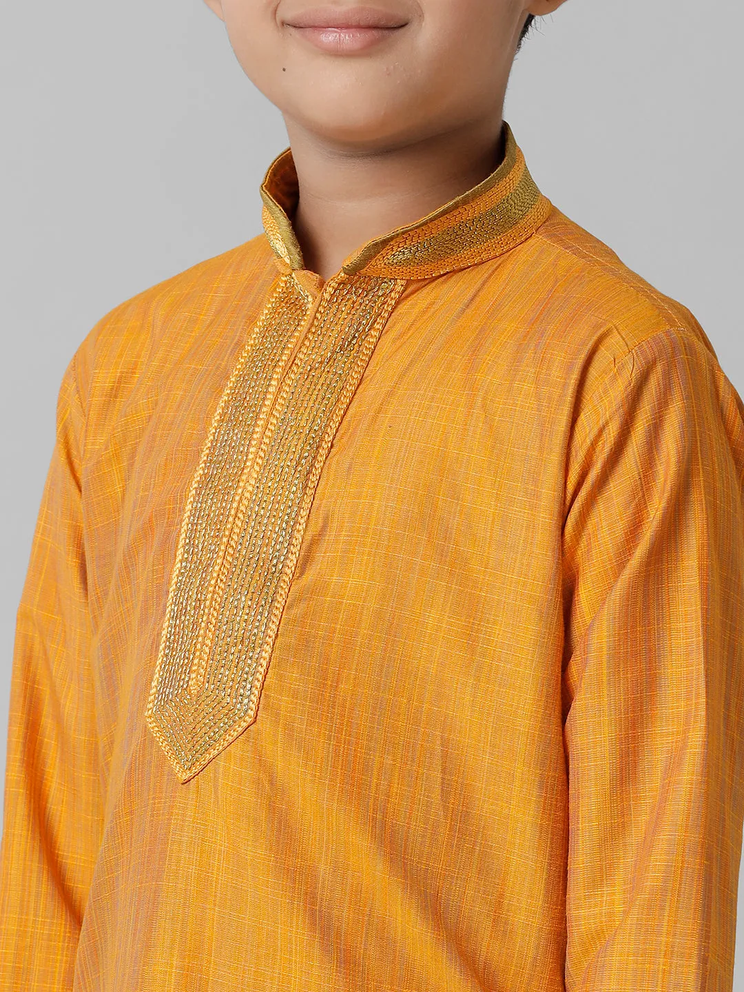 Boys Emerald Cotton Orange Kurta with Cream Readymade Art Silk Panchakacham Combo EMD3