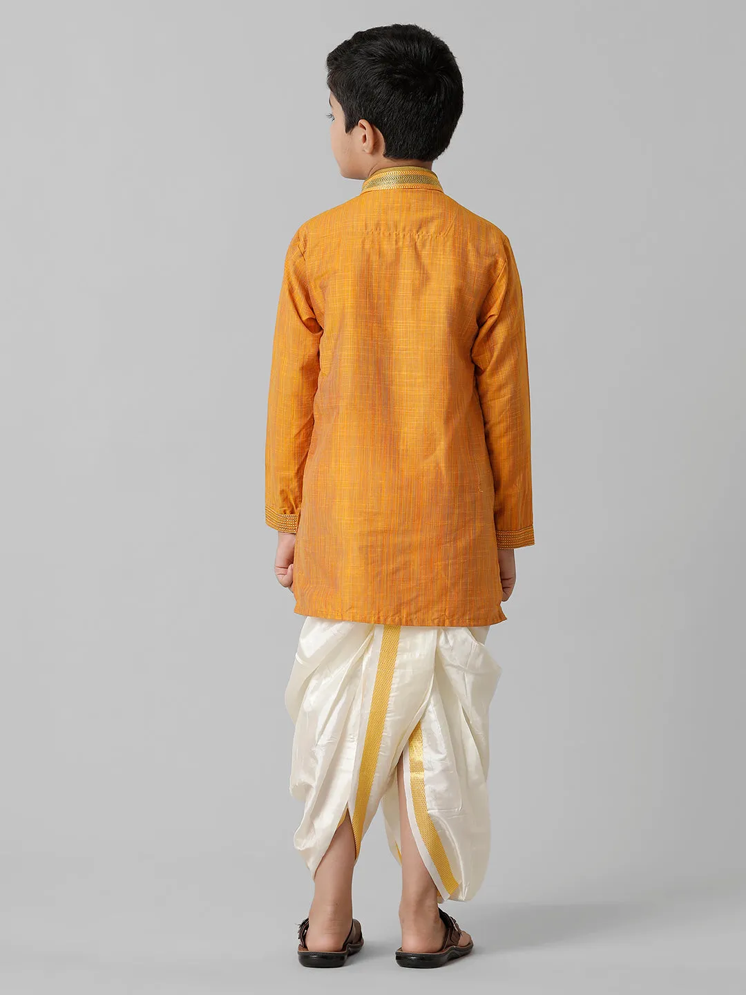 Boys Emerald Cotton Orange Kurta with Cream Readymade Art Silk Panchakacham Combo EMD3