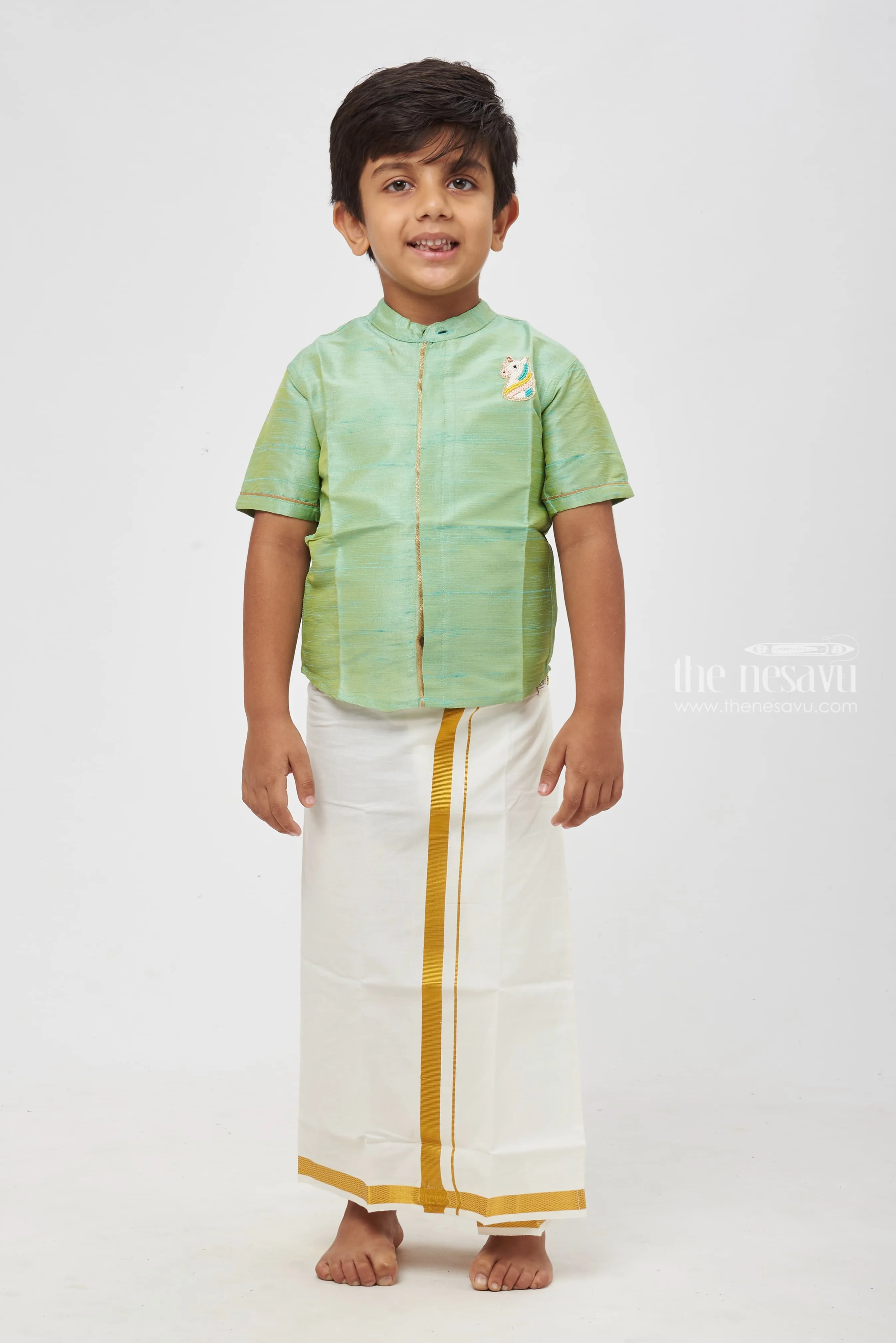 Boys Radiant Green Silk Shirt with Horse Embellishment