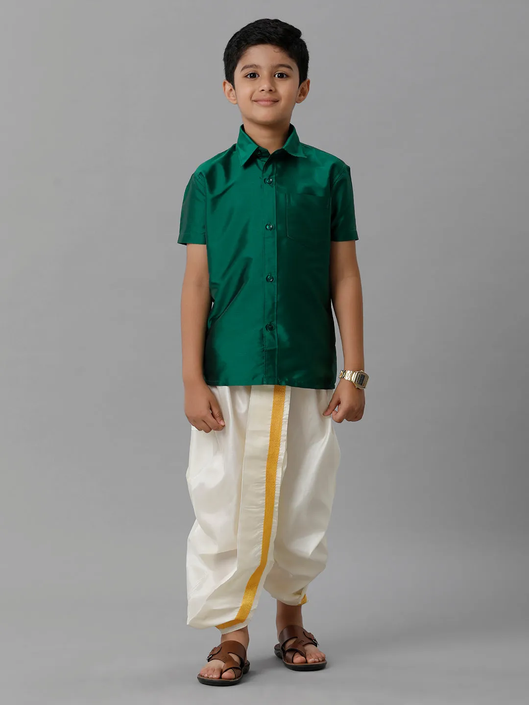Boys Silk Cotton Dark Green Half Sleeves Shirt with Soft Silk Panchakacham Combo K9