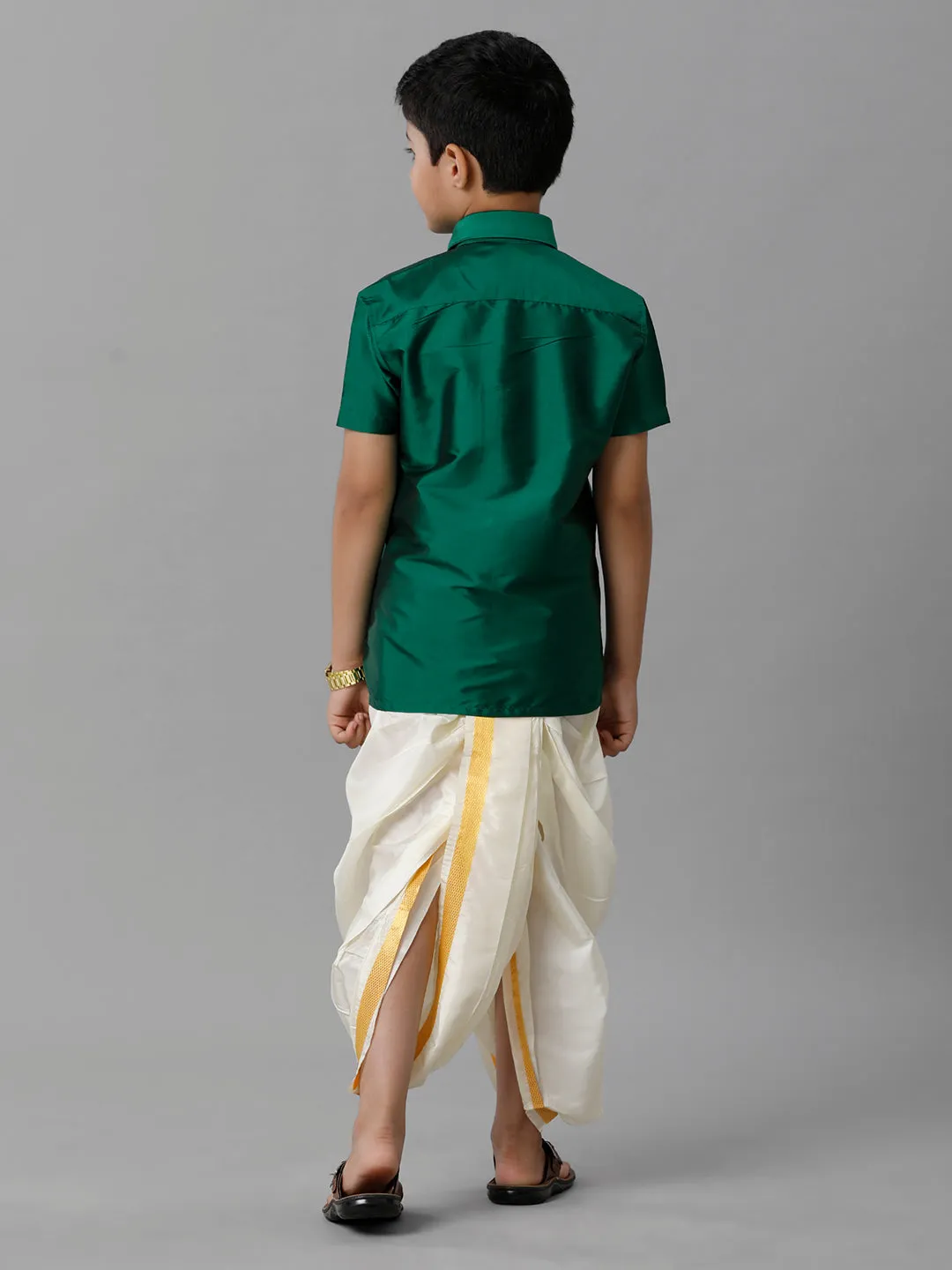 Boys Silk Cotton Dark Green Half Sleeves Shirt with Soft Silk Panchakacham Combo K9