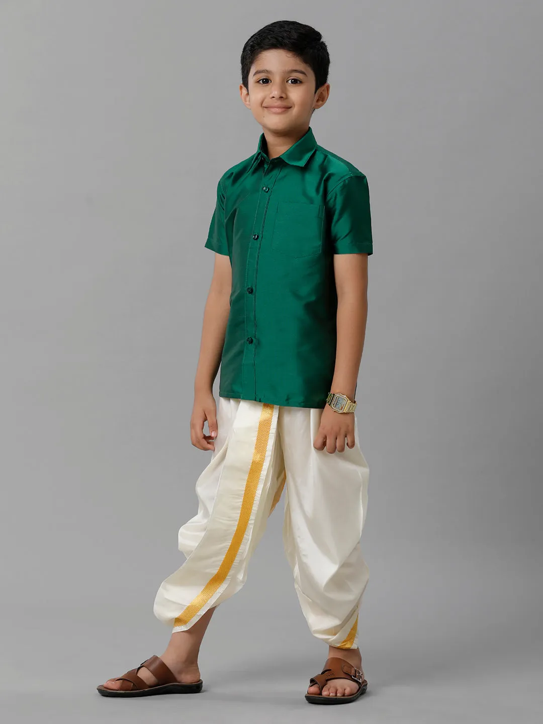 Boys Silk Cotton Dark Green Half Sleeves Shirt with Soft Silk Panchakacham Combo K9