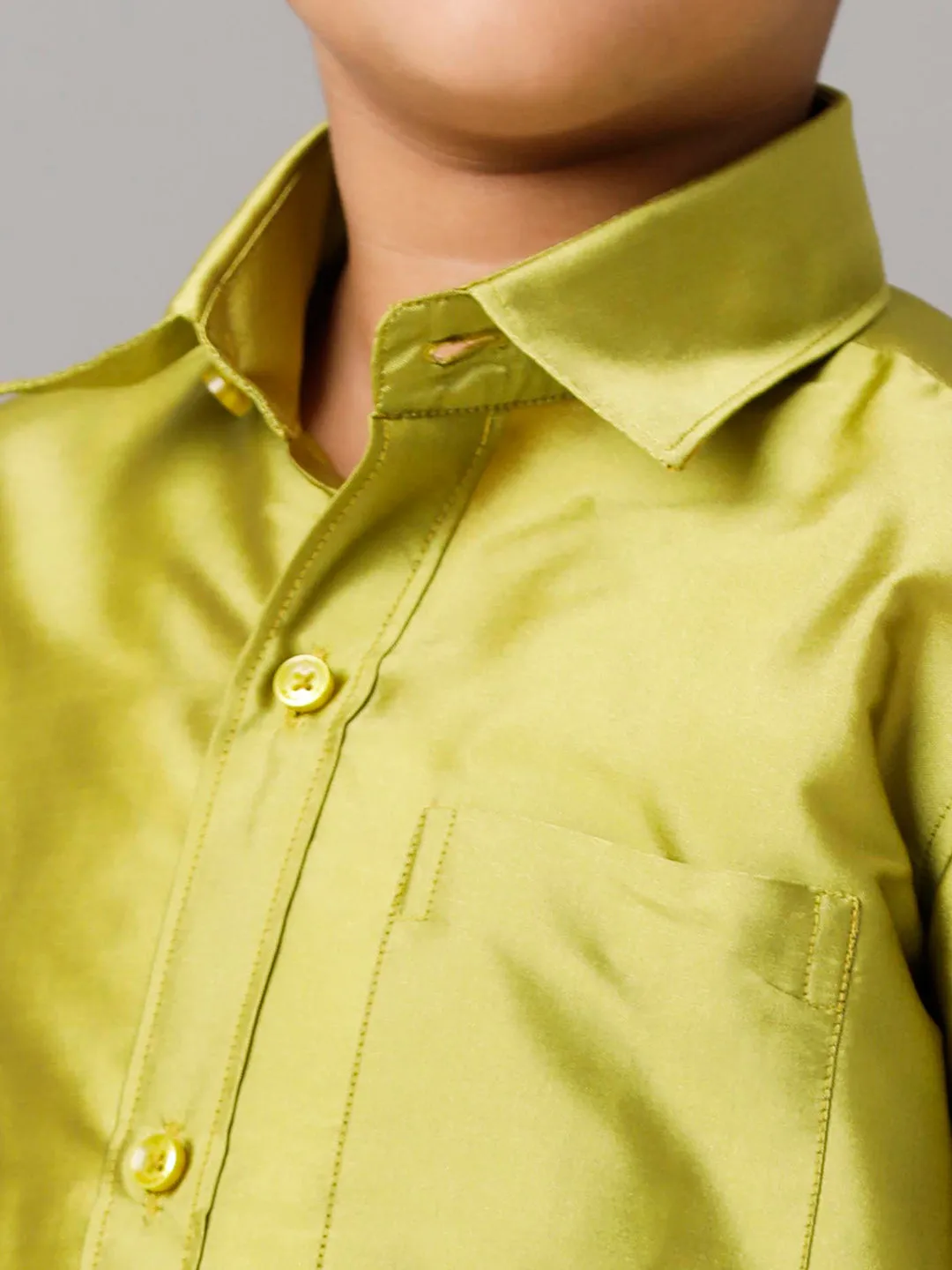 Boys Silk Cotton Lemon Green Half Sleeves Shirt with Adjustable White Dhoti Combo K44