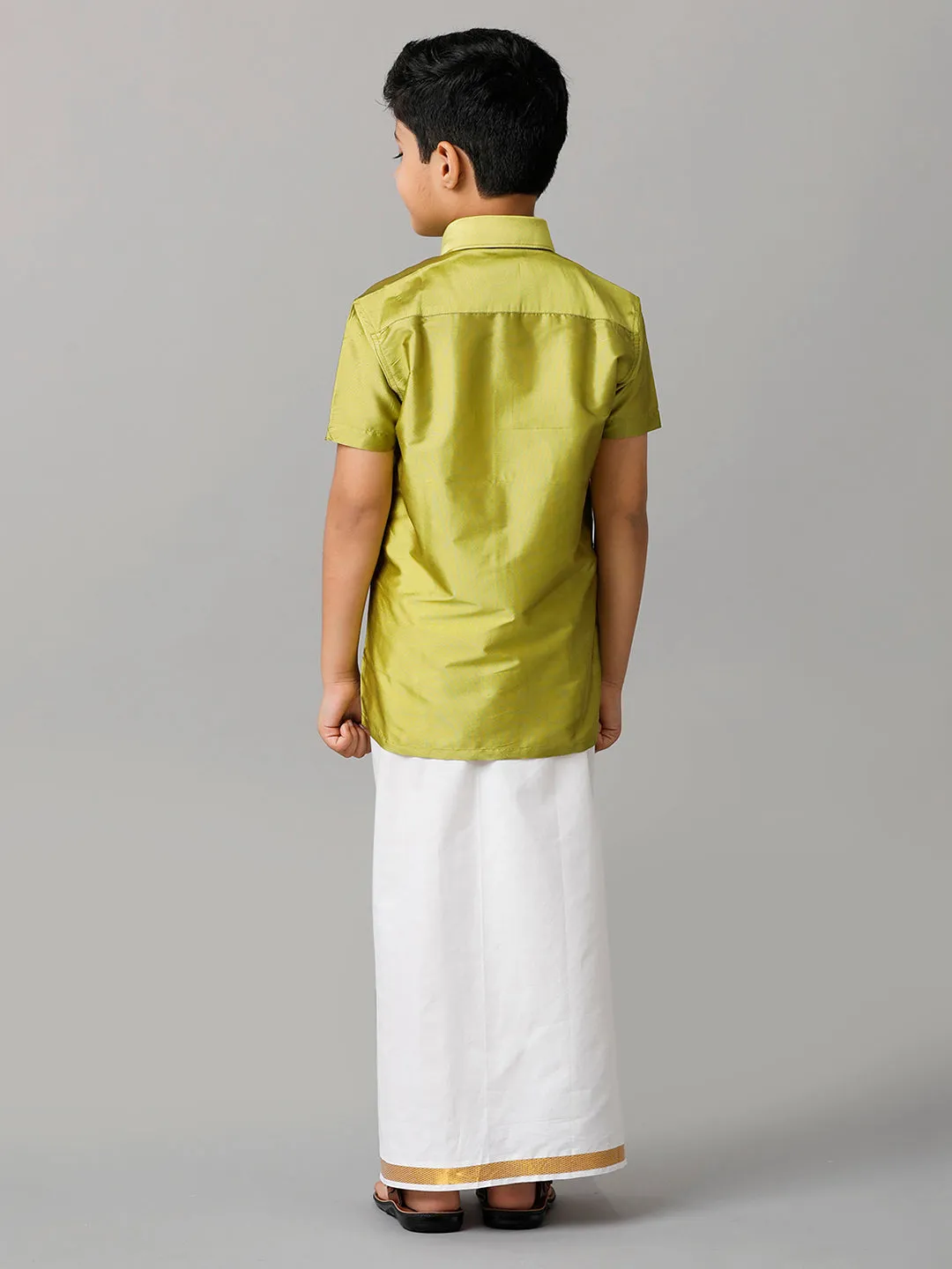 Boys Silk Cotton Lemon Green Half Sleeves Shirt with Adjustable White Dhoti Combo K44