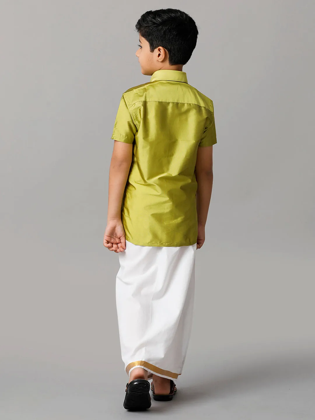 Boys Silk Cotton Lemon Green Half Sleeves Shirt with Adjustable White Dhoti Combo K44