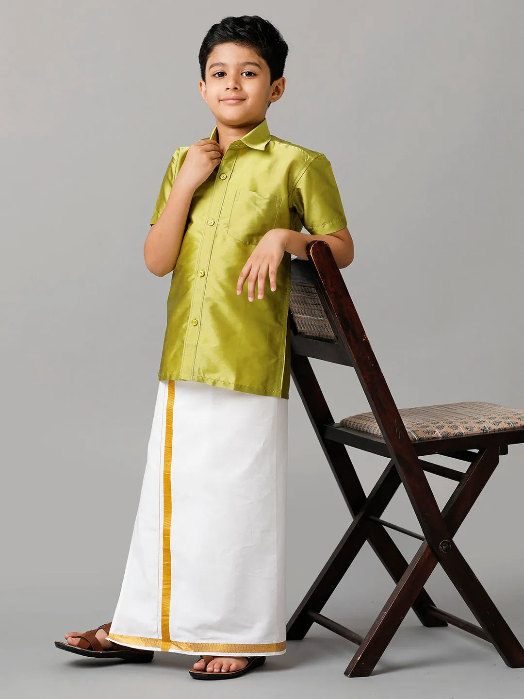 Boys Silk Cotton Lemon Green Half Sleeves Shirt with Adjustable White Dhoti Combo K44
