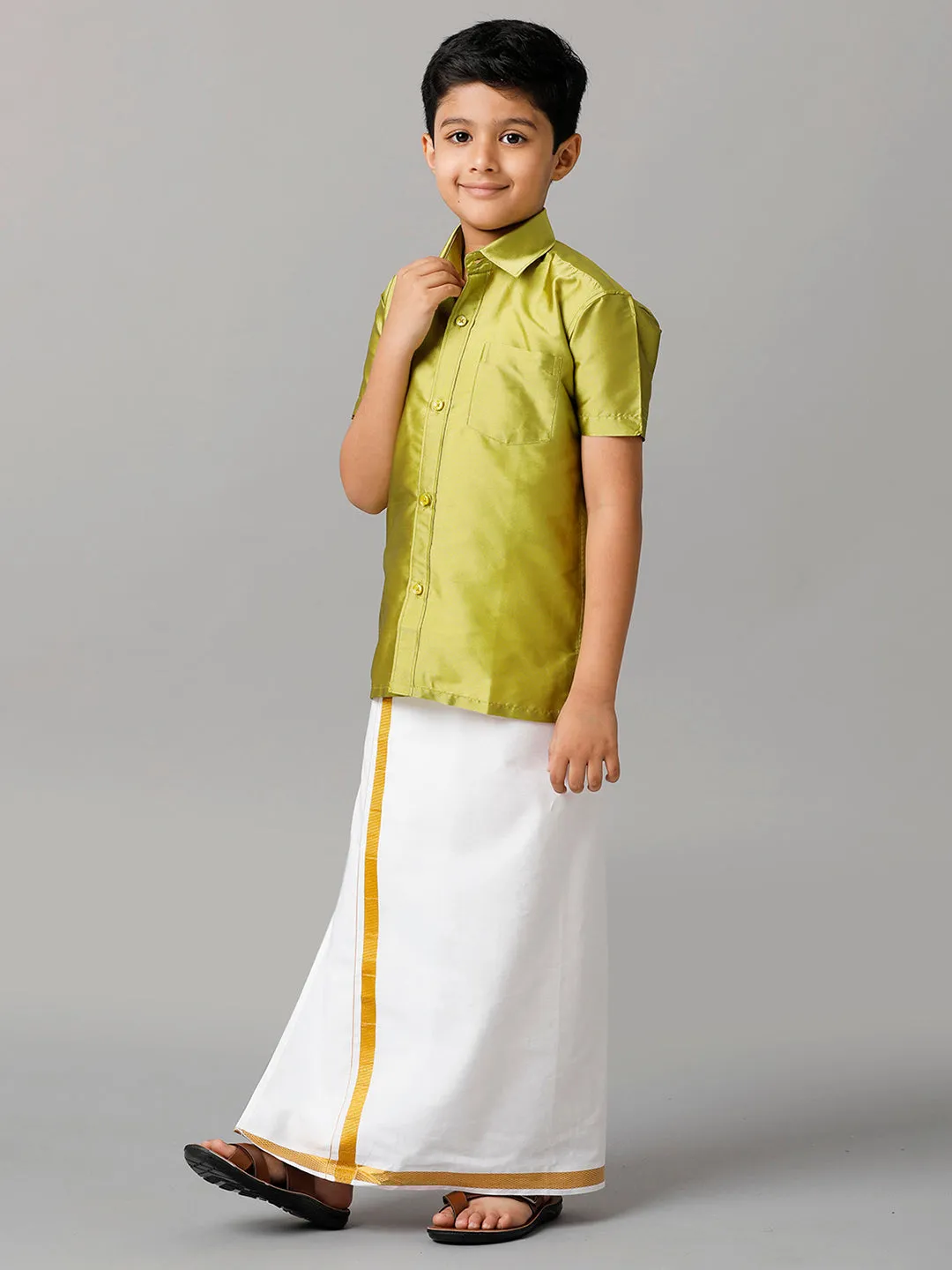 Boys Silk Cotton Lemon Green Half Sleeves Shirt with Adjustable White Dhoti Combo K44