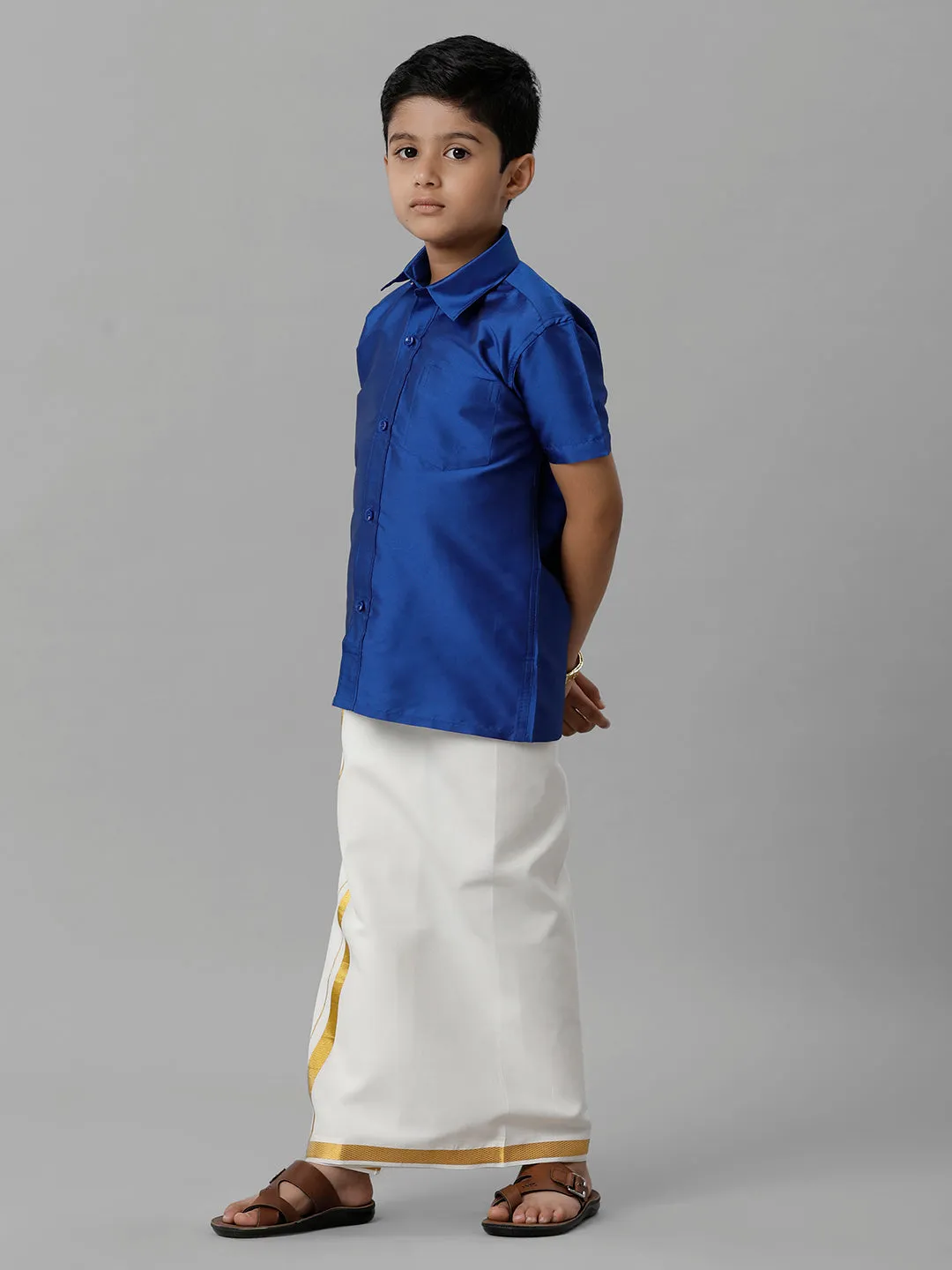 Boys Silk Cotton Light Blue Half Sleeves Shirt with Adjustable Cream Dhoti Combo K5