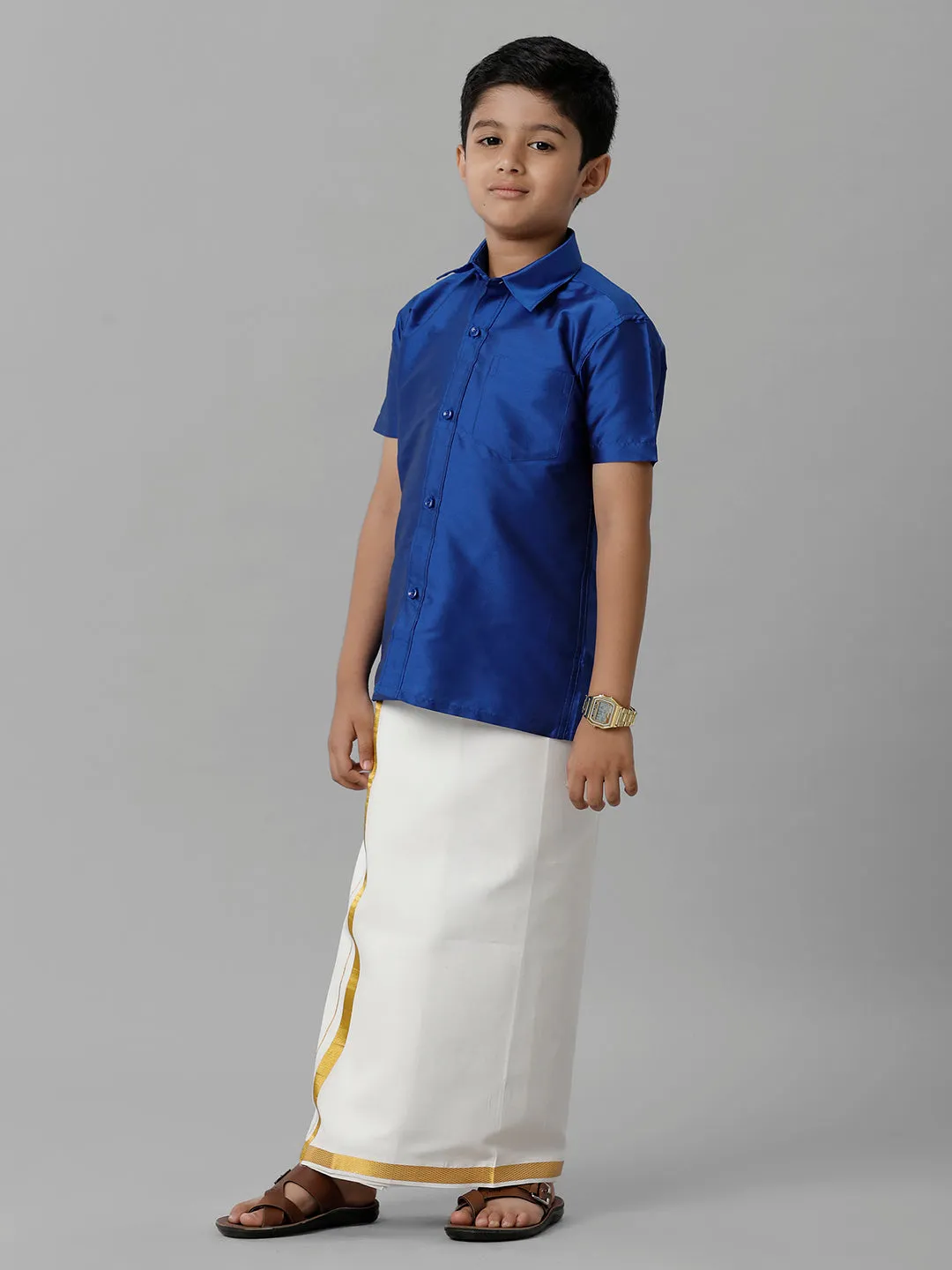 Boys Silk Cotton Light Blue Half Sleeves Shirt with Adjustable Cream Dhoti Combo K5
