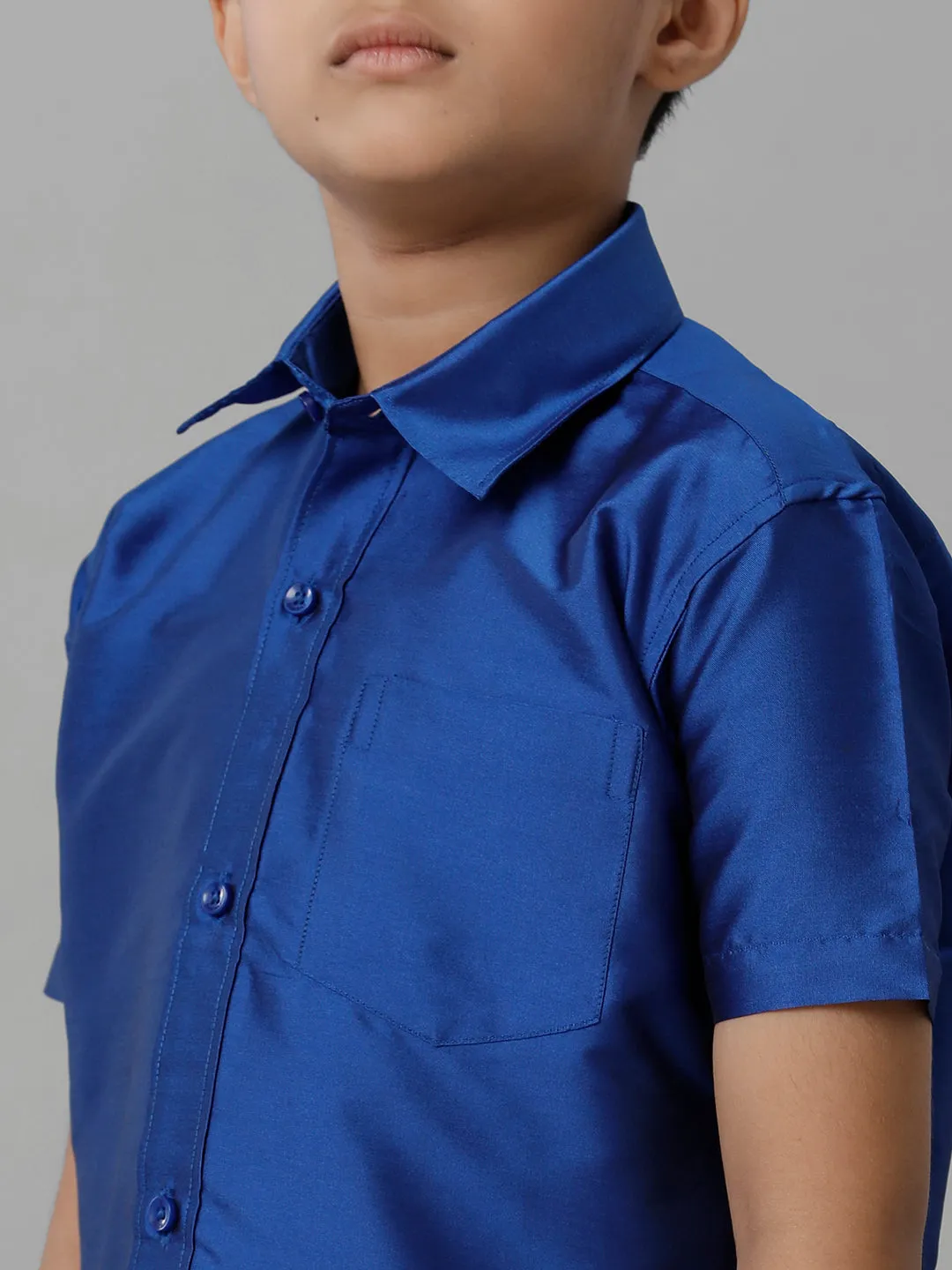Boys Silk Cotton Light Blue Half Sleeves Shirt with Adjustable Cream Dhoti Combo K5