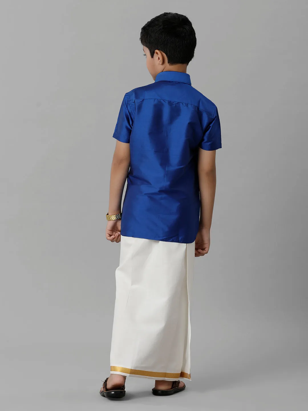Boys Silk Cotton Light Blue Half Sleeves Shirt with Adjustable Cream Dhoti Combo K5