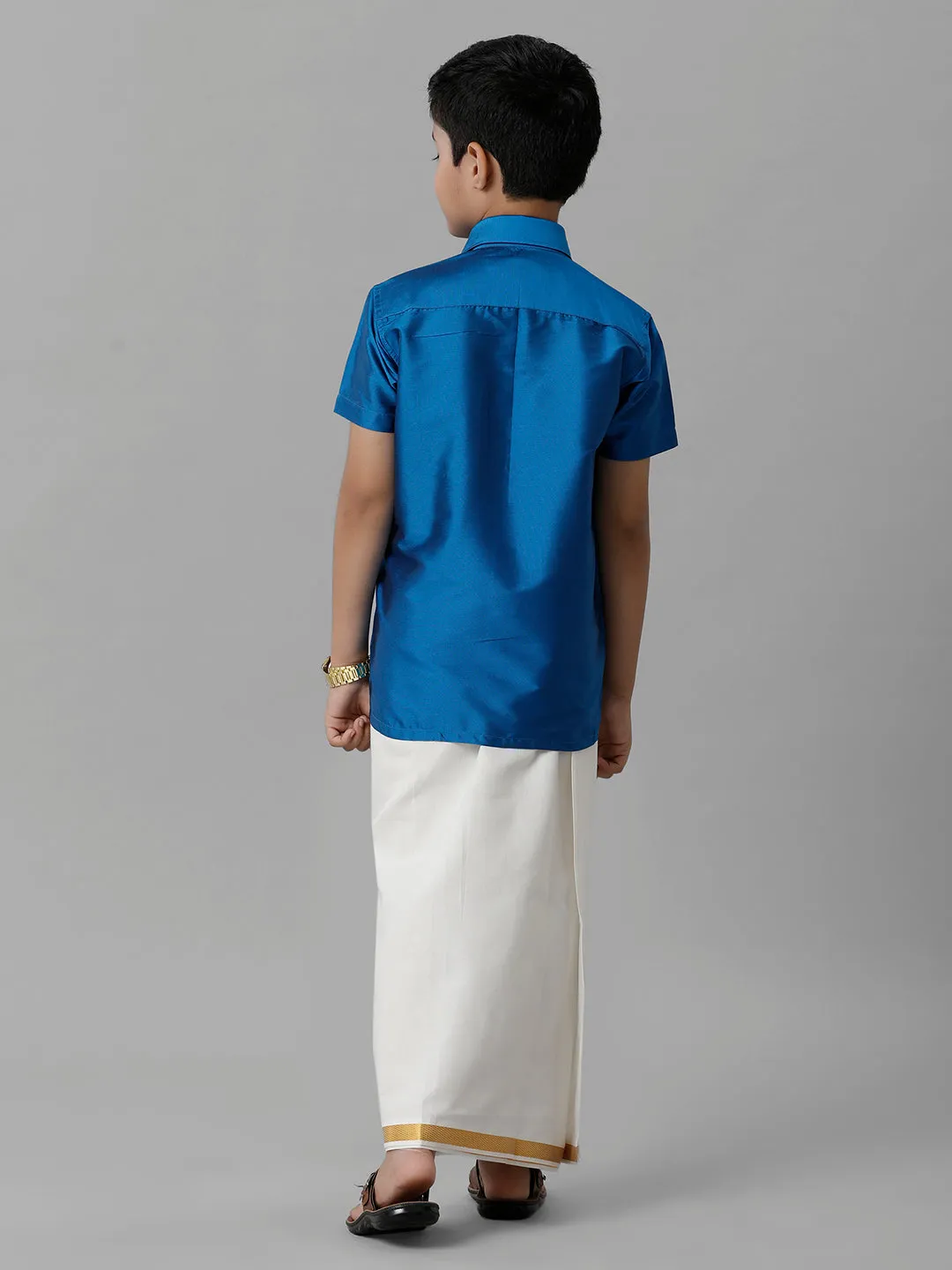 Boys Silk Cotton Royal Blue Half Sleeves Shirt with Adjustable Cream Dhoti Combo K10