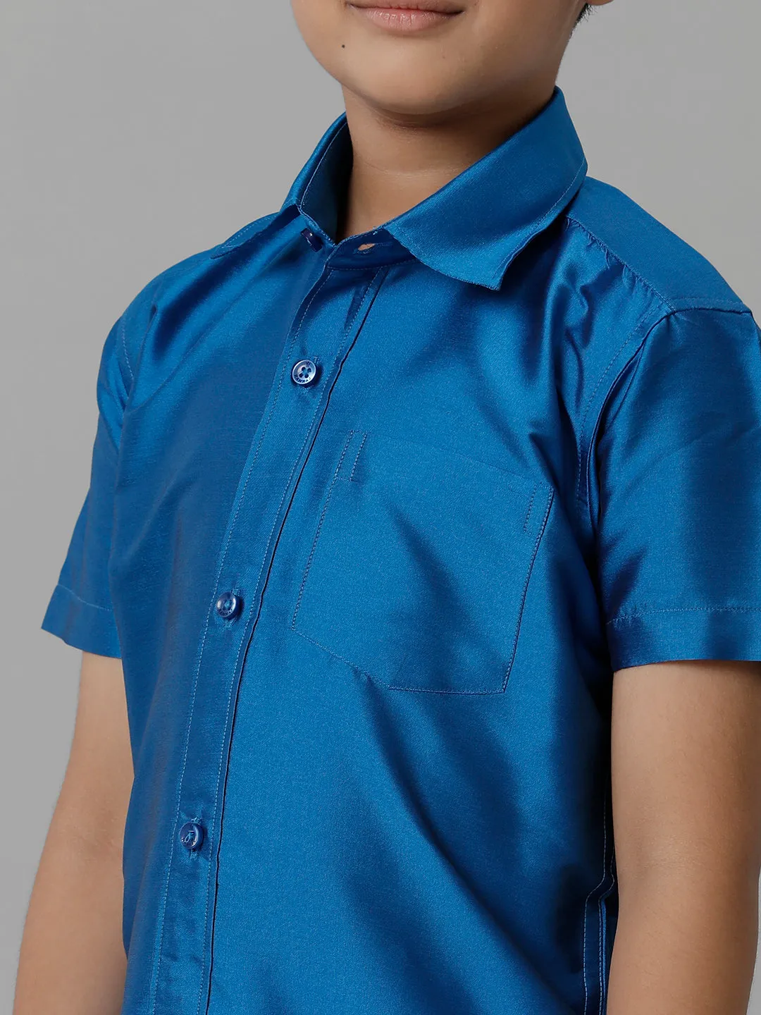 Boys Silk Cotton Royal Blue Half Sleeves Shirt with Adjustable Cream Dhoti Combo K10