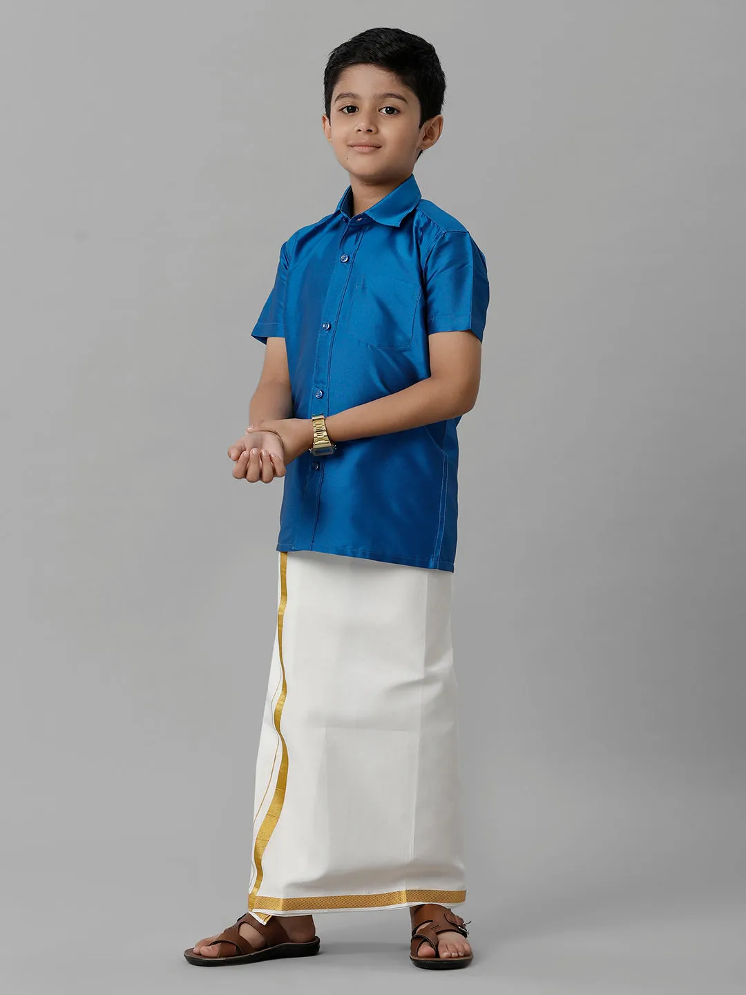 Boys Silk Cotton Royal Blue Half Sleeves Shirt with Adjustable Cream Dhoti Combo K10