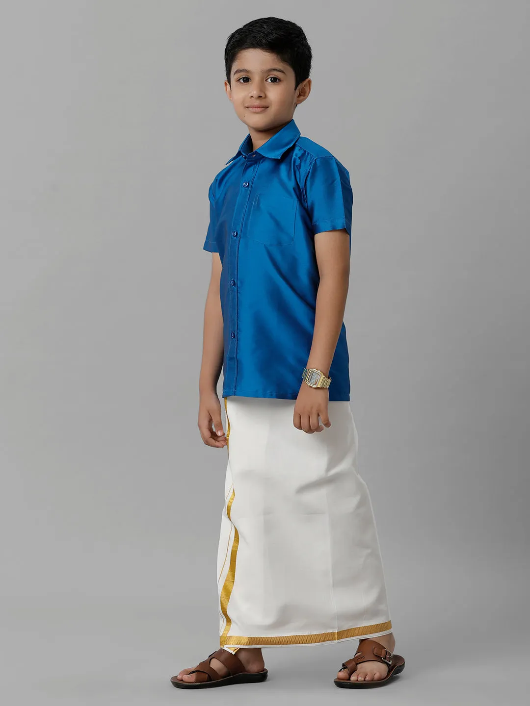Boys Silk Cotton Royal Blue Half Sleeves Shirt with Adjustable Cream Dhoti Combo K10