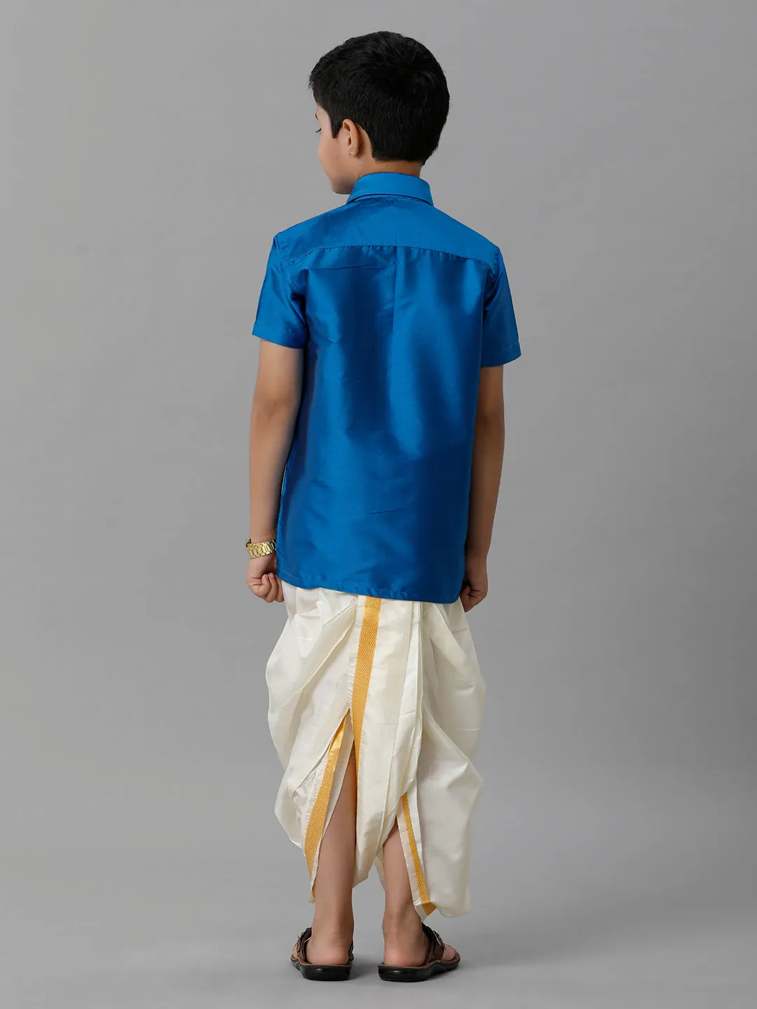 Boys Silk Cotton Royal Blue Half Sleeves Shirt with Soft Silk Panchakacham Combo K10