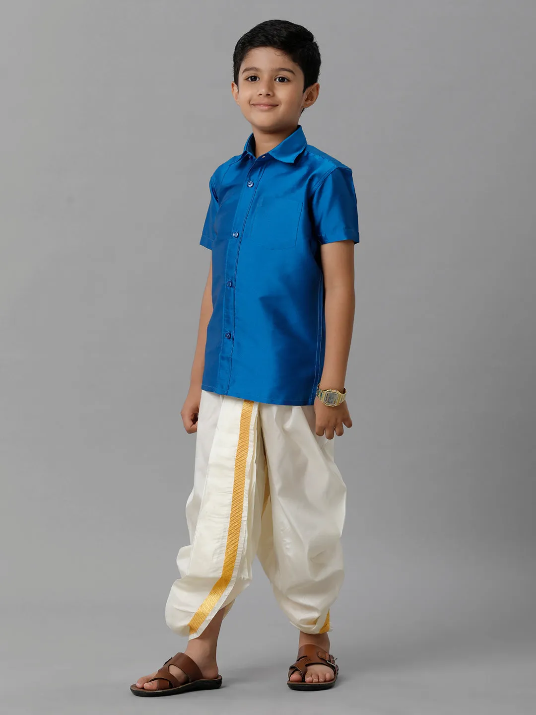 Boys Silk Cotton Royal Blue Half Sleeves Shirt with Soft Silk Panchakacham Combo K10