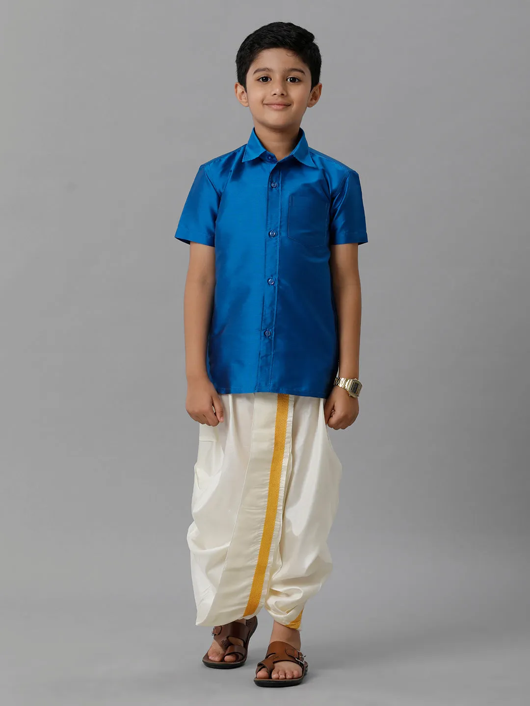 Boys Silk Cotton Royal Blue Half Sleeves Shirt with Soft Silk Panchakacham Combo K10