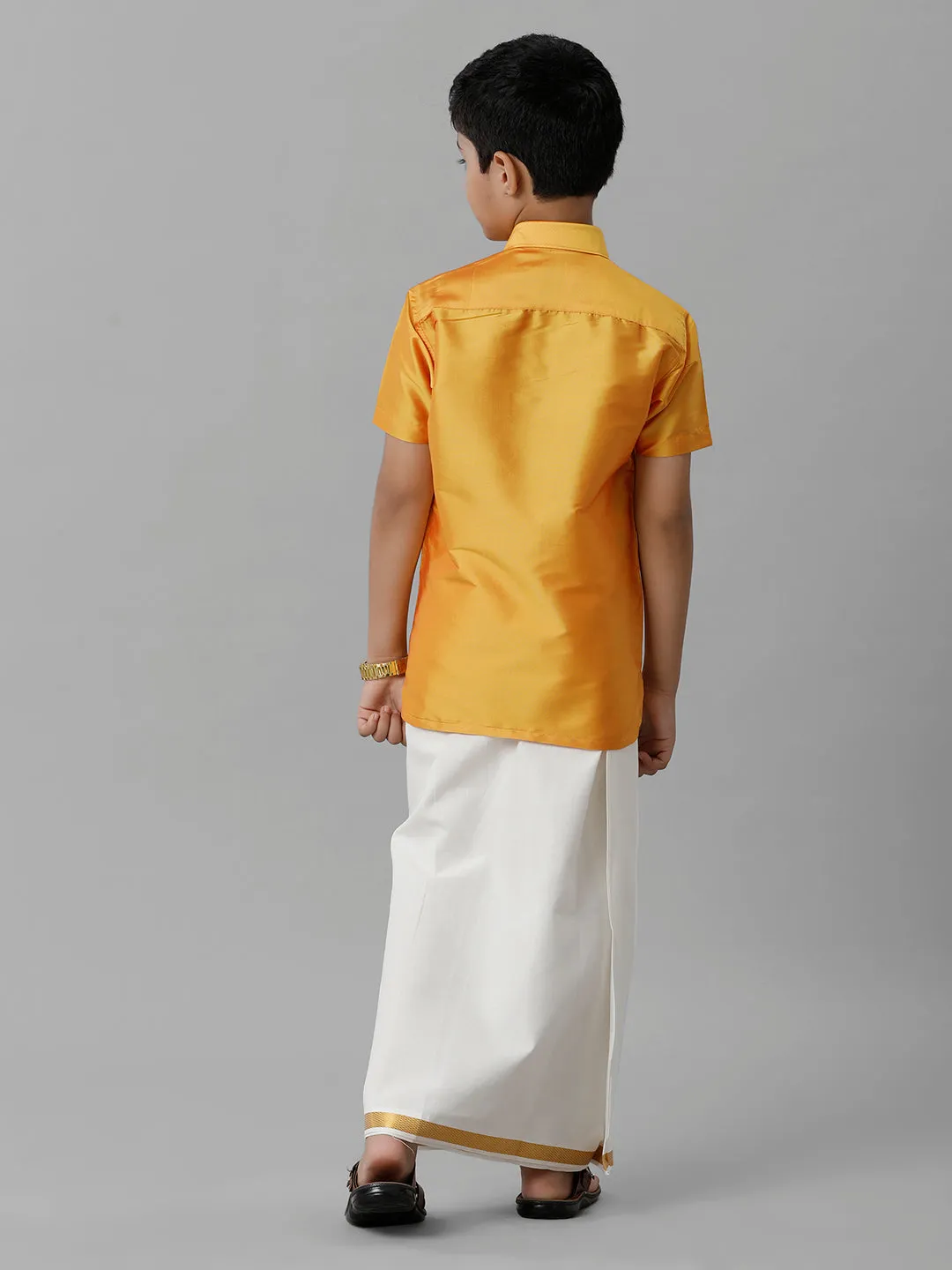 Boys Silk Cotton Yellow Half Sleeves Shirt with Adjustable Cream Dhoti Combo K6