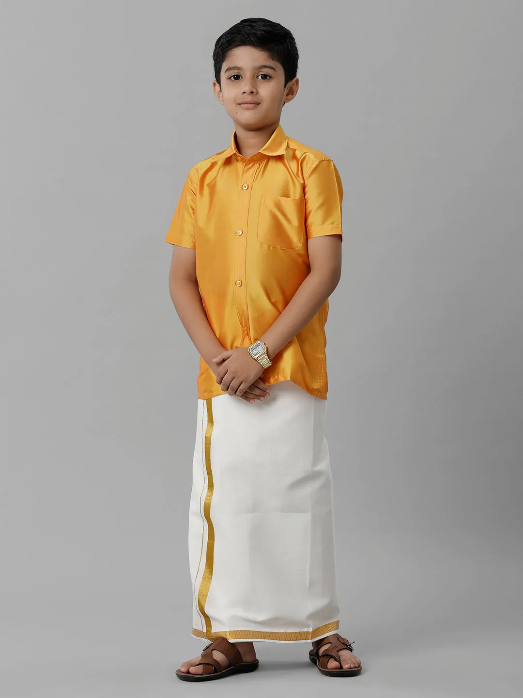 Boys Silk Cotton Yellow Half Sleeves Shirt with Adjustable Cream Dhoti Combo K6