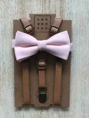 Petal Pink Bow Tie with Vintage Tan Suspender Set