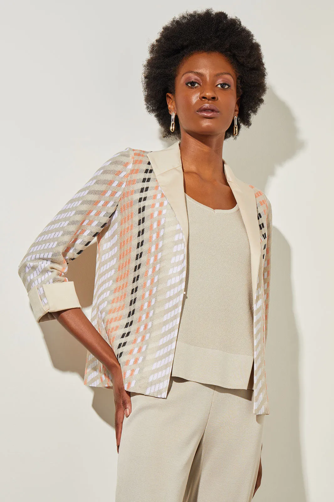Plus Size Lapel Collar Jacket - Mixed-Media Knit