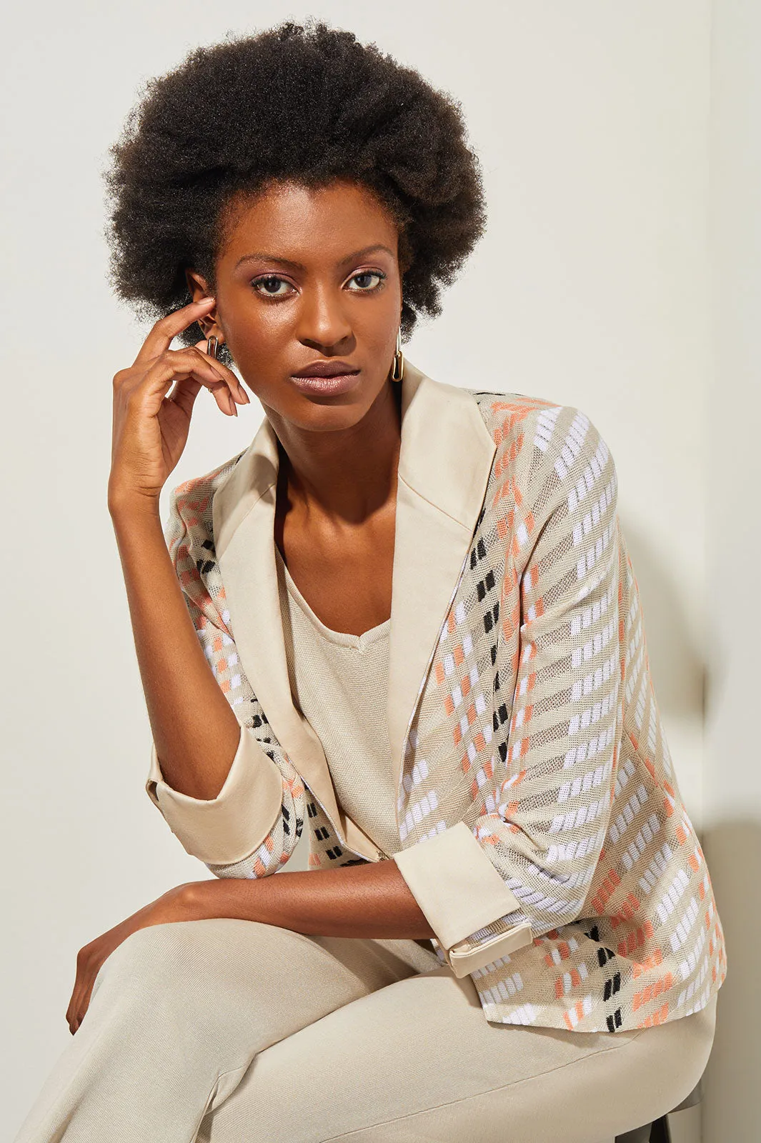 Plus Size Lapel Collar Jacket - Mixed-Media Knit