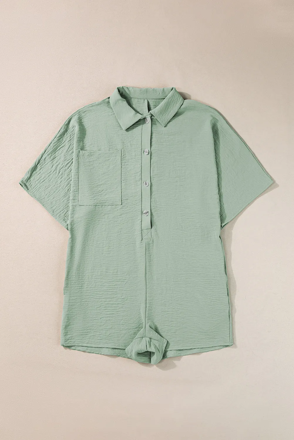 Spinach Green Half Button Collared Loose Romper