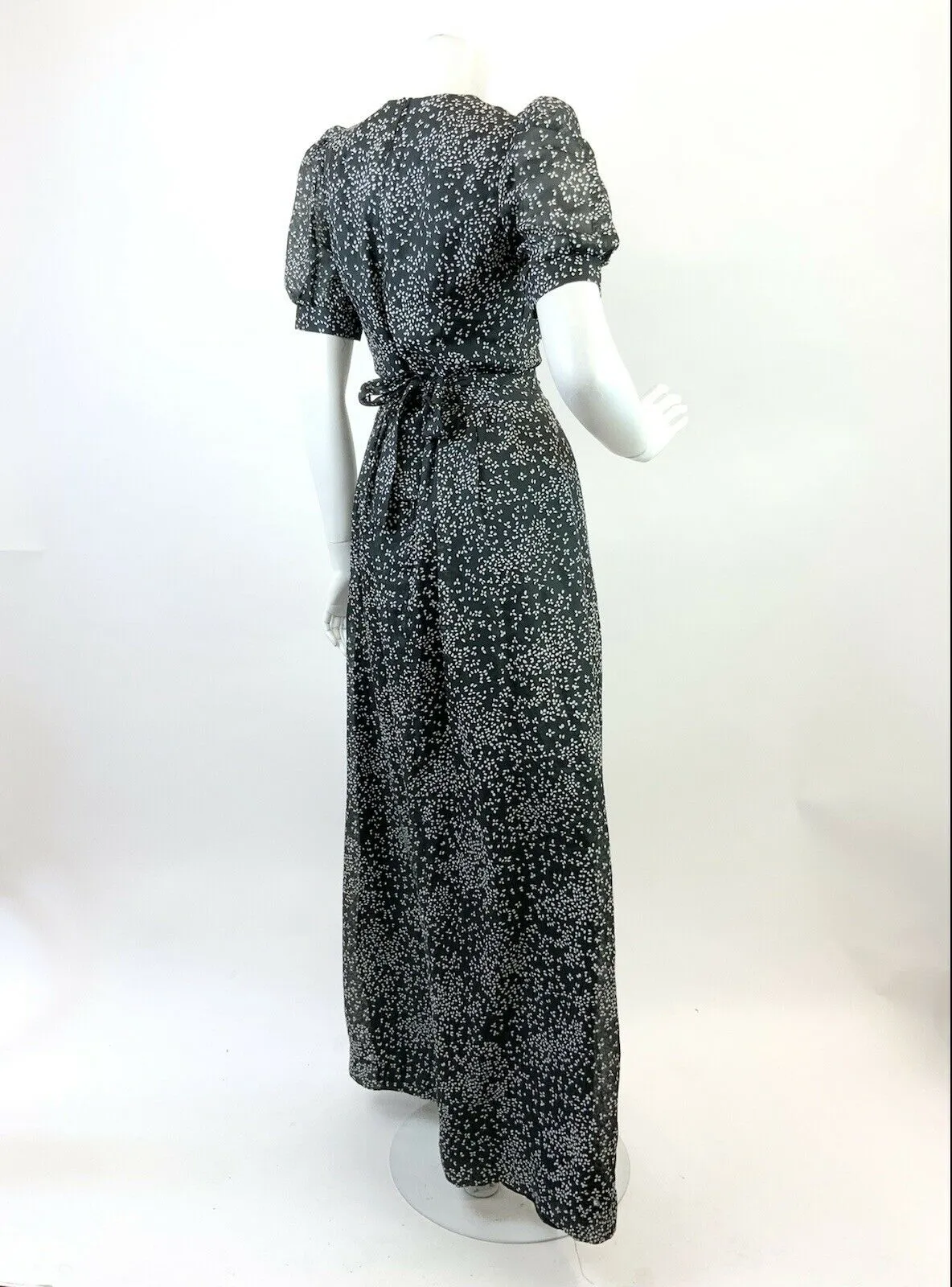 VINTAGE 60s 70s BLACK WHITE DITSY PUFF SLEEVE BOHO PRAIRIE SHEER MAXI DRESS 6 8