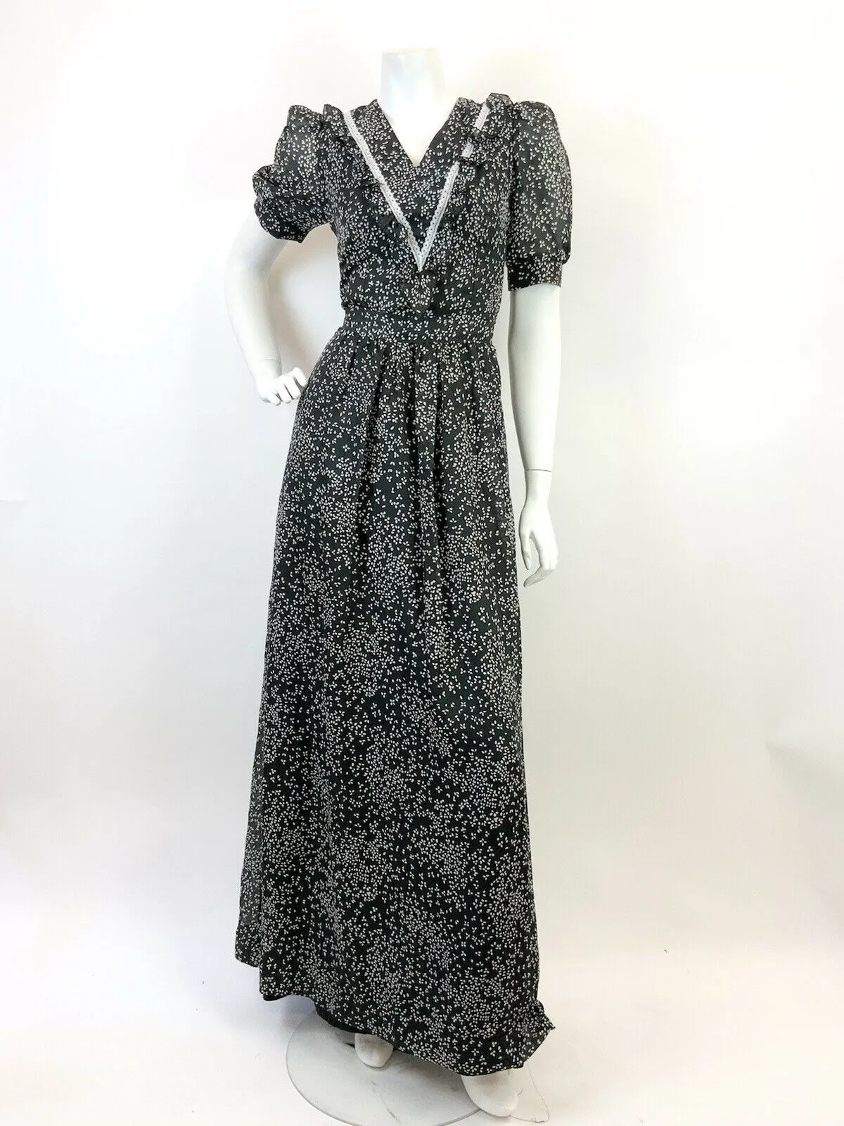 VINTAGE 60s 70s BLACK WHITE DITSY PUFF SLEEVE BOHO PRAIRIE SHEER MAXI DRESS 6 8
