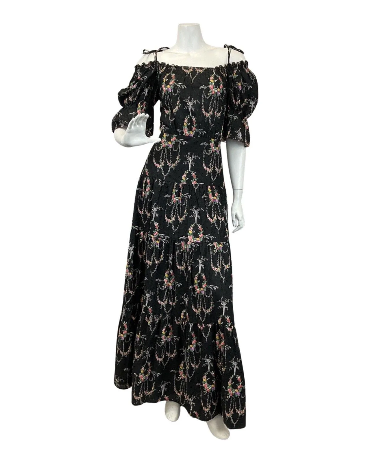 VINTAGE 60s 70s BLACK WHITE PINK FLORAL DITSY BOHO PRAIRIE MAXI DRESS 10